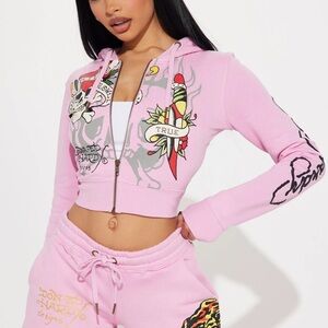 Ed Hardy Pink Gold Graphic Cropped Hoodie